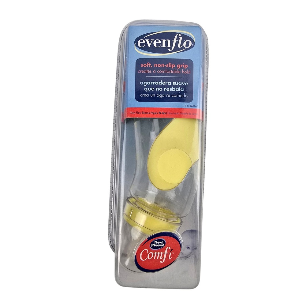 Evenflo Comfi Baby Bottle Soft Non-Slip Grip Slow Flow Nipple 0-3m 9 oz Yellow